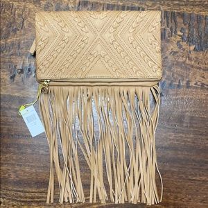BCBG Bang boho fringe leather clutch